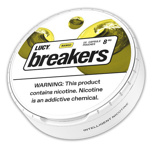 LUCY Lucy Breakers 8MG energy drink cans in a 5-can sleeve, featuring colorful branding and vibrant design.