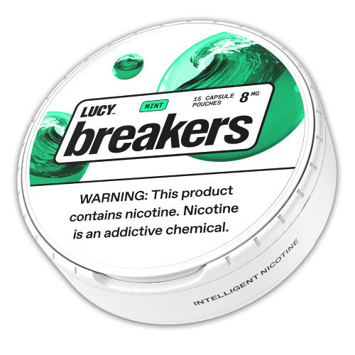 Lucy Breakers 8MG energy drink cans, 5-pack sleeve with colorful branding and metallic silver can design.