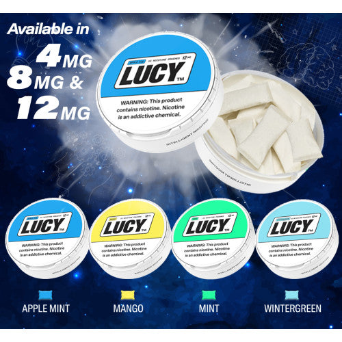 LUCY Lucy Pouches 12MG cannabis vape pen in a 5-can sleeve, showing sleek design and packaging for discreet use.