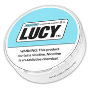LUCY Lucy Pouches 12MG cannabis vape pen sleeve with 5 can packs, featuring sleek design and vibrant branding.