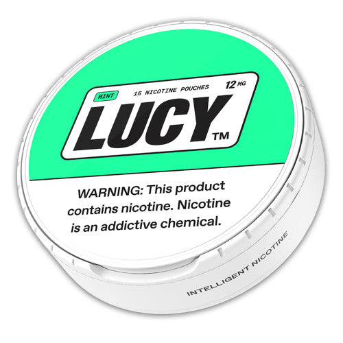 LUCY Lucy Pouches 12MG cannabis vape pouches, 5-can sleeve, showing colorful pouch packaging on a white background.