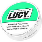LUCY Lucy Pouches 4MG cannabis vape cartridges in a 5-can sleeve, with colorful packaging and branding visible.