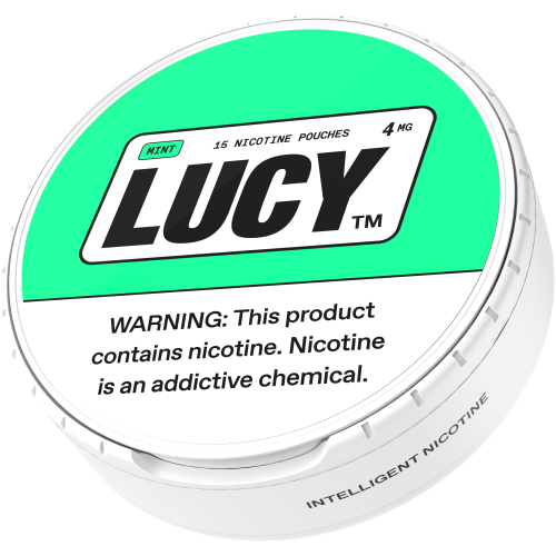 LUCY Lucy Pouches 4MG cannabis vape cartridges in a 5-can sleeve, with colorful packaging and branding visible.