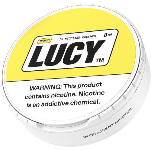 LUCY Lucy Pouches 8MG vape juice can sleeve with five 8MG nicotine pouches in a sleek, compact design.
