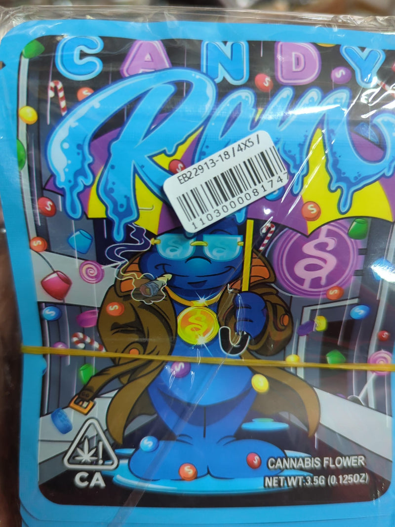 Smell-proof Candy Rain bags by The Baggie Store, 50-pack of airtight storage pouches for discreetly storing candies or small items.