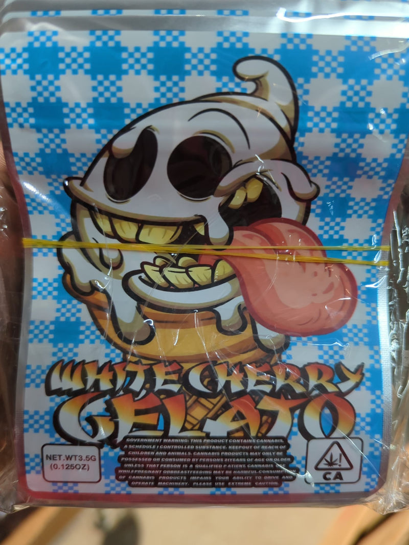 White Cherry Gelato smell-proof bags by The Baggie Store, 50-pack, featuring white cherry design and secure odor-proof storage.