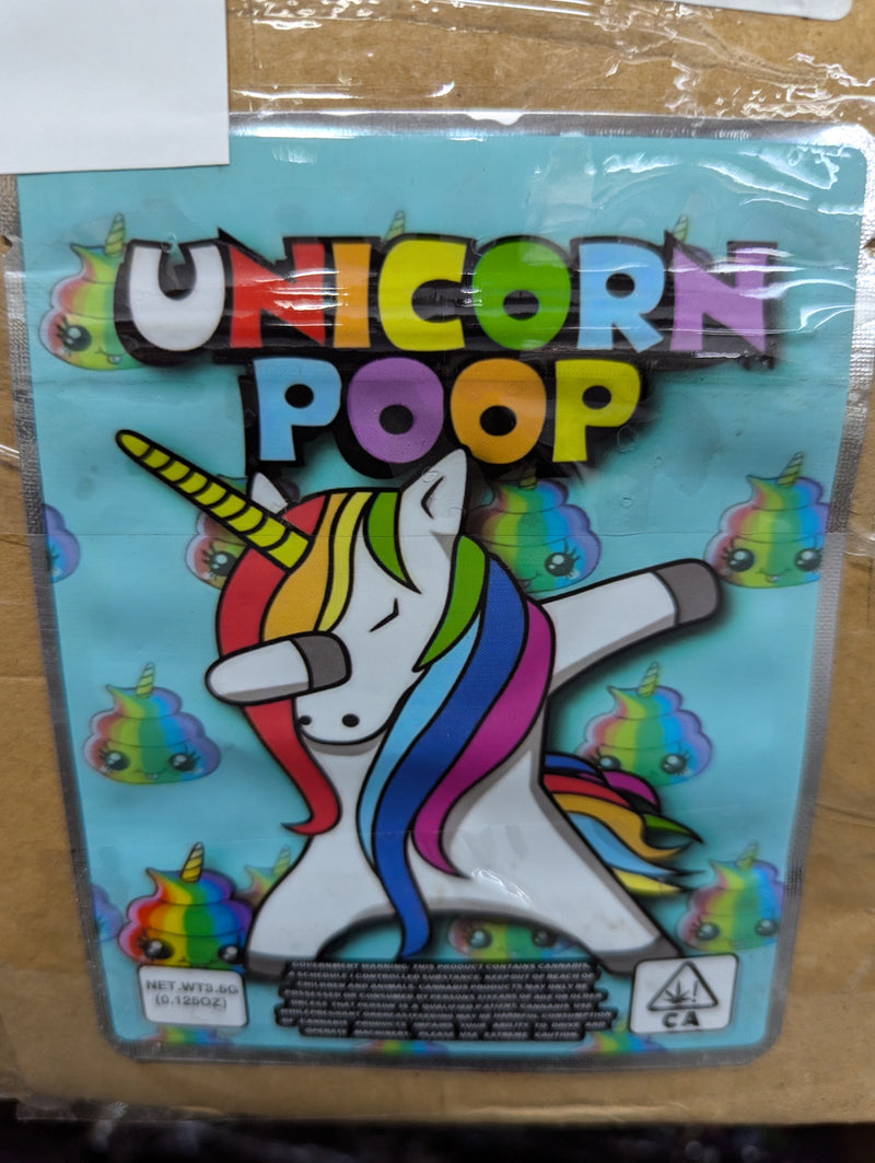 Smell-proof Unicorn Poop storage bags by The Baggie Store, 50-pack featuring colorful unicorn and poop designs.