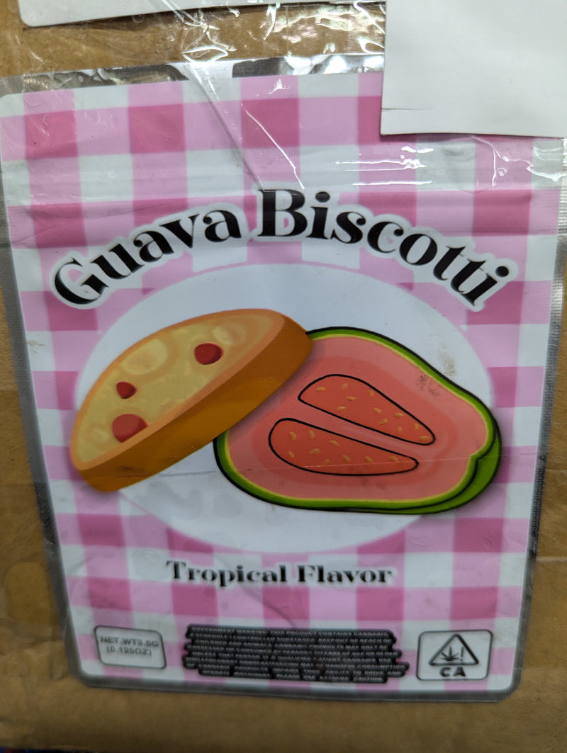 Smell proof Guava Biscotti in a clear bag, with 50 bags per pack, designed by The Baggie Store for discreet storage.