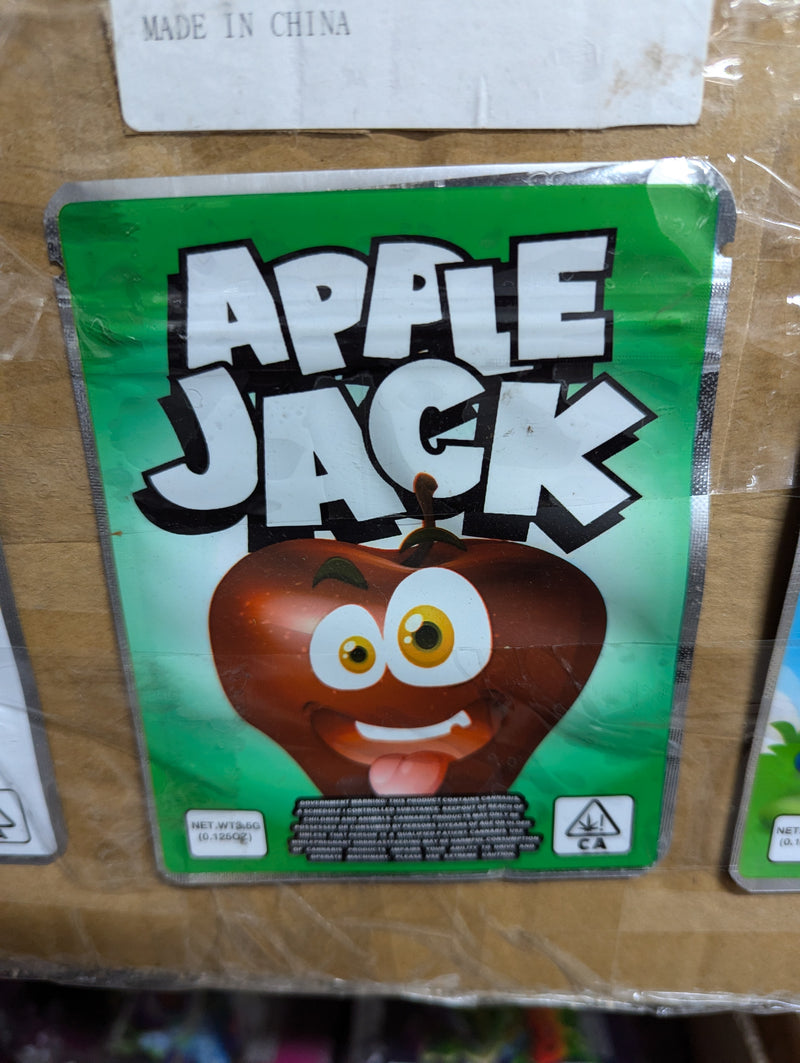 Smell proof Apple Jack storage bags by The Baggie Store, 50-pack, with resealable design and transparent material.