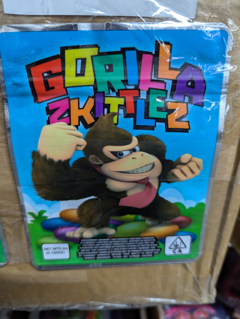 Smell-proof Gorilla Skittlez packaging from The Baggie Store with 50 bags, featuring secure, airtight storage for discreet handling.