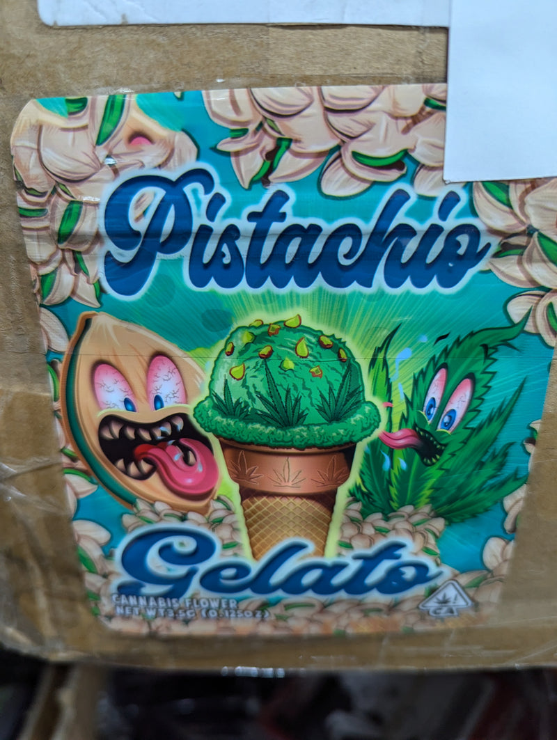 Smell-proof pistachio gelato in a clear bag, arranged in a 50-pack, designed for discreet storage and freshness.