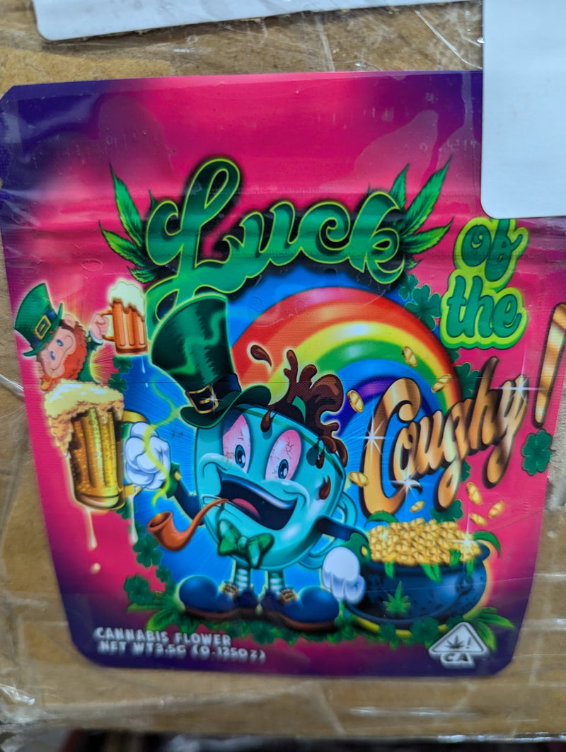 Smell proof bag with "Luck of the Coughy" design, 50-pack from The Baggie Store, showing sealed, odor-resistant storage bags.