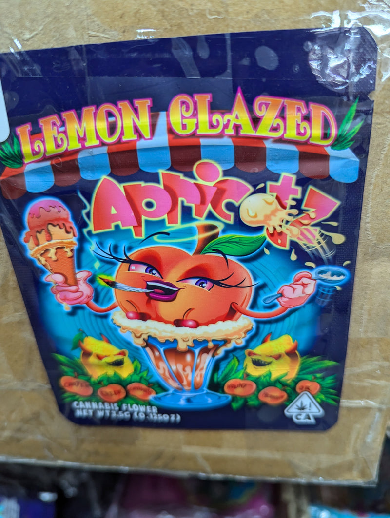 Smell-proof Lemon Glazed Apricotz in a 50-bag pack from The Baggie Store, showing the colorful individually wrapped snacks.