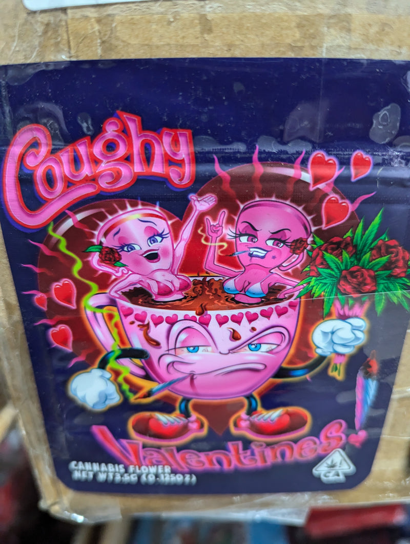 Smell proof Coughy Valentine's 50-bag pack from The Baggie Store, featuring colorful packaging and sealed bags for discreet storage.