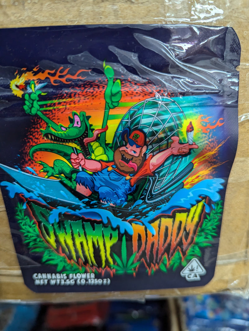Smell proof Swamp Daddy storage bags by The Baggie Store, 50-pack, showing resealable, odor-resistant plastic bags.