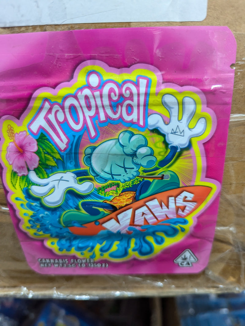 Smell-proof Tropical Kaws 50-bag pack from The Baggie Store, featuring colorful tropical design and secure closure for discreet storage.