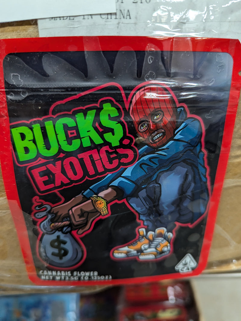 Smell proof Buck$ Exotics bags from The Baggie Store, 50-pack, featuring resealable, odor-proof storage for discreet organization.