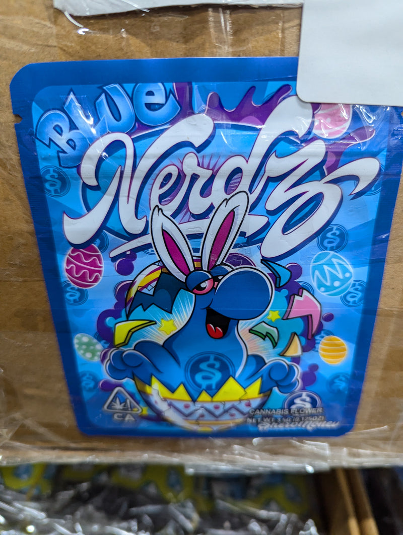 Blue Nerdz smell proof bags from The Baggie Store, 50-pack, featuring vibrant blue color and secure sealing for discreet storage.