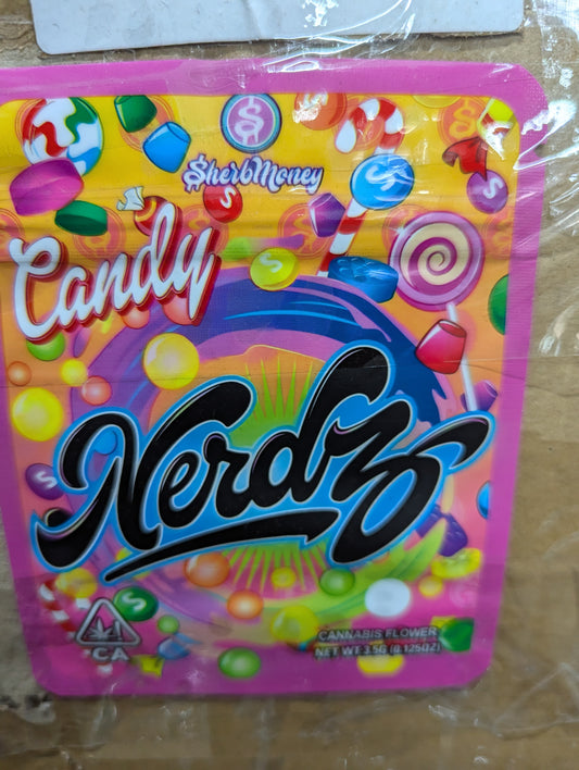 Smell-proof Candy Nerdz bags, 50-pack by The Baggie Store, featuring colorful candy illustrations on sealed, discreet storage pouches.