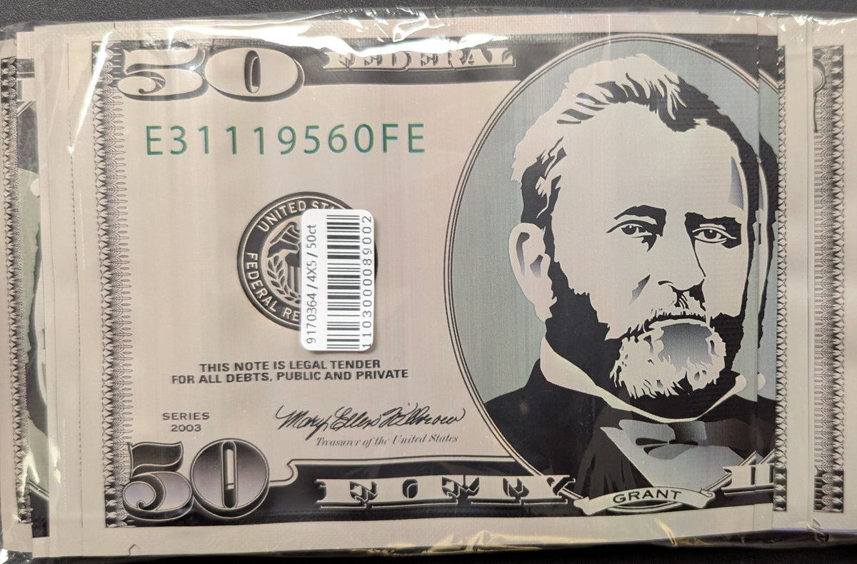 Smell-proof $50 dollar bill in clear plastic bag from The Baggie Store, displayed alongside multiple sealed bags for discreet storage.