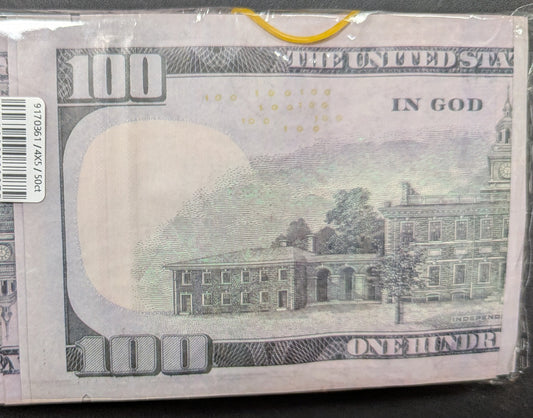 Smell-proof $100 dollar bill rear with 50 bags in a pack by The Baggie Store, showing the discreet, resealable packaging.
