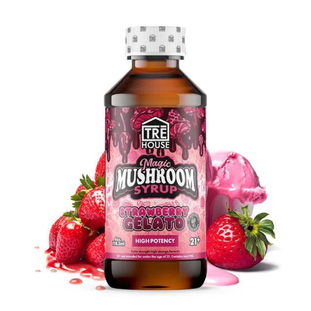 TRE HOUSE Magic Mushroom Syrup display with six bottles, showcasing colorful packaging and label design for natural mushroom extract.