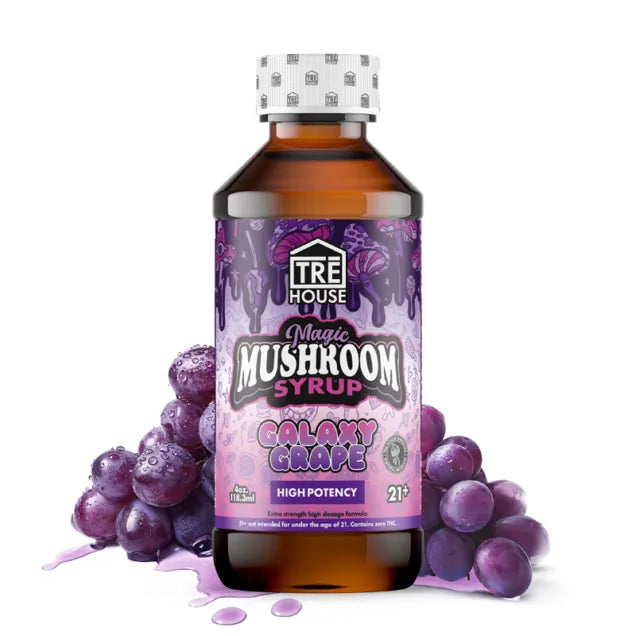 TRE HOUSE Magic Mushroom Syrup display box with six bottles, featuring colorful packaging and branding for dietary supplement.