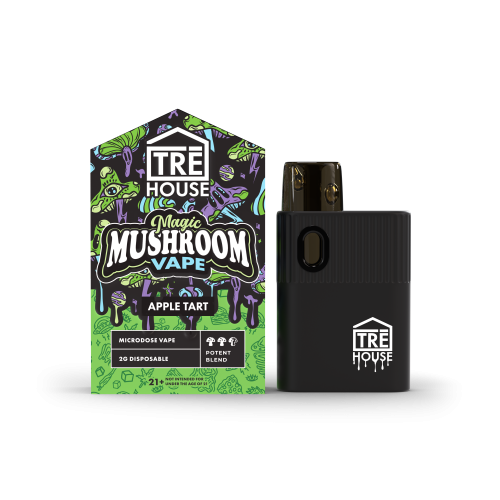 TRE HOUSE Magic Mushroom vape pen display with six pens, featuring sleek design and branding for natural mushroom extract vaping.