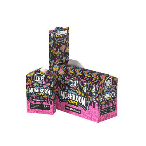 TRE HOUSE Magic Mushroom Vape Pen display with six sleek vape pens, designed for discreet use and mushroom-inspired flavor.