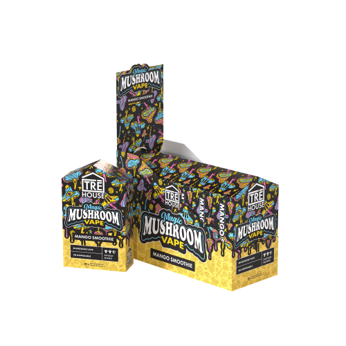 TRE HOUSE Magic Mushroom Vape Pen display with six colorful vape pens for discreet use and mushroom-inspired design.