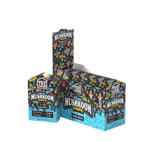 TRE HOUSE Magic Mushroom Vape Pen display with six vape pens, featuring colorful packaging and sleek design for enhanced vaping experience.
