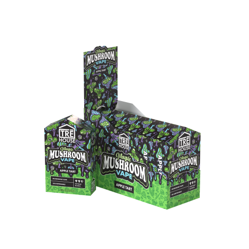 TRE HOUSE Magic Mushroom Vape Pen display with six vape pens, featuring sleek design and branding for natural mushroom extract vaping.