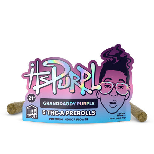 Pack of TRE HOUSE ItsPurpl Granddaddy Purple THCA prerolls in a 10-count display box, showing purple cannabis pre-rolled joints.