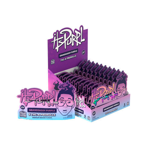 ItsPurpl Granddaddy Purple THCA prerolls by TRE HOUSE in a 10-pack display box, showcasing purple cannabis flower and packaging.