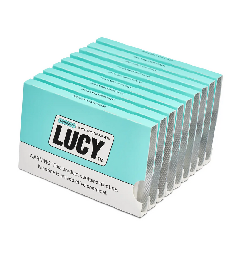 LUCY Lucy Nicotine Gum 4MG in a 10-count sleeve, showing the pack with individually wrapped gum pieces.