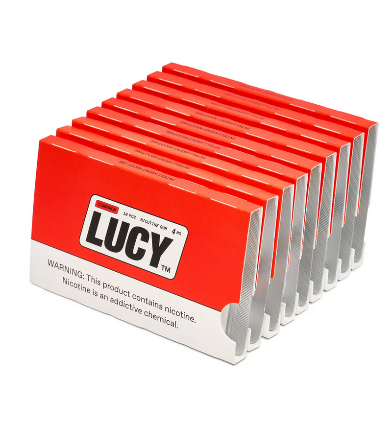 LUCY Lucy Nicotine Gum 4MG in a 10-count sleeve, showing individual gum pieces and packaging for nicotine replacement.