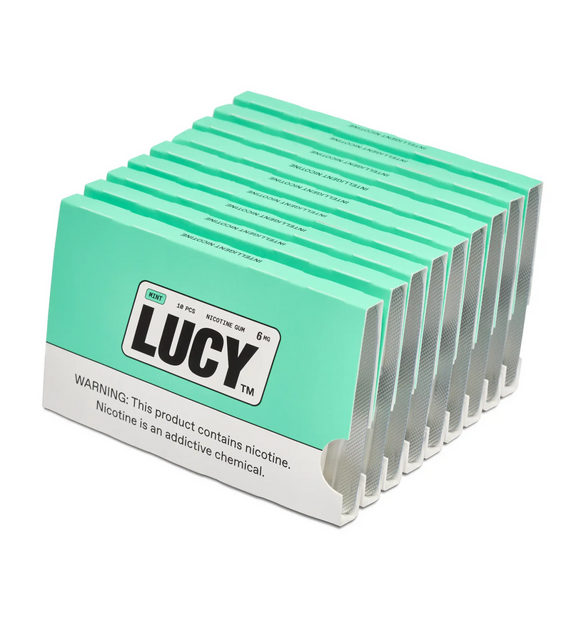 Lucy Nicotine Gum 6mg, 10-piece sleeve, shows fresh, mint-flavored nicotine gum in packaging on a white background.