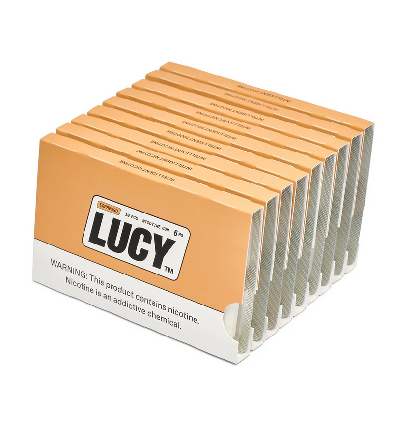 LUCY Lucy Nicotine Gum 6MG, 10-count sleeve, showing individual gum pieces in bright packaging.