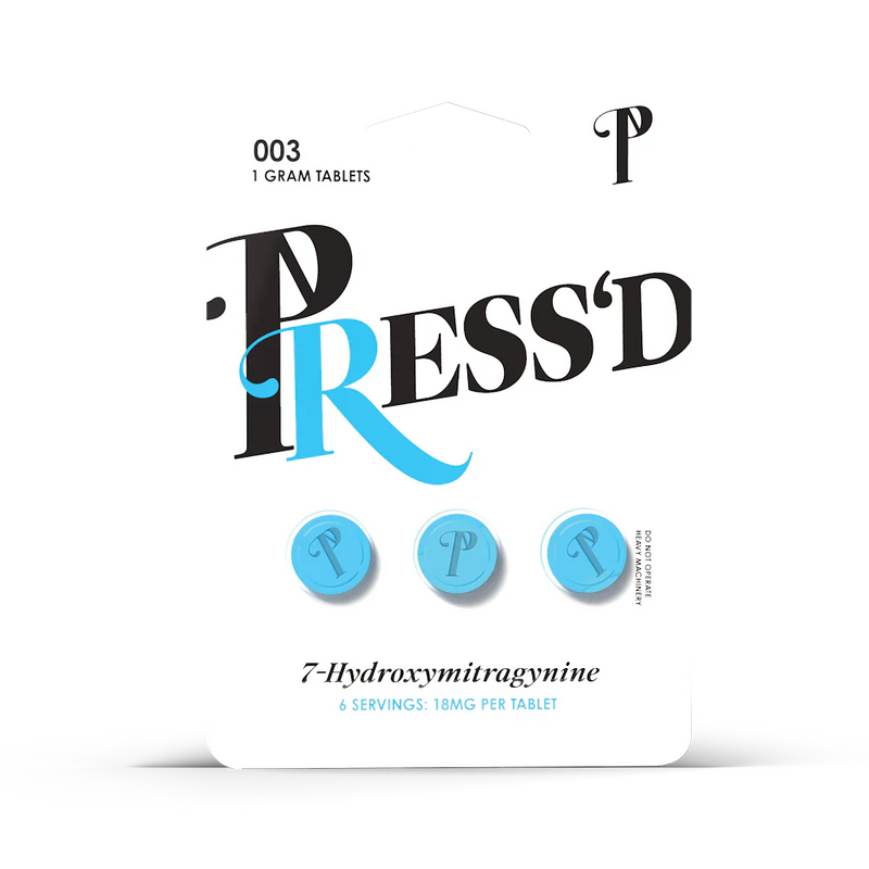 Press’d 3-pack of 7-Hydroxy 18mg dietary supplements, featuring bottles with label details and capsules inside.