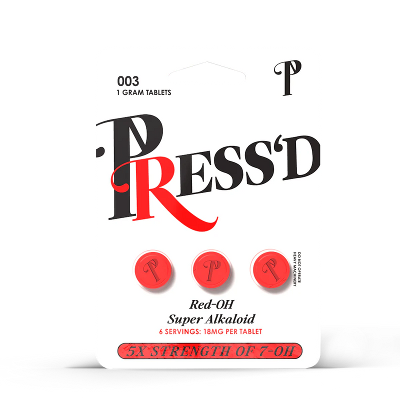 Press’d Red OH 3 Pack with 7-Hydroxy 18mg dietary supplement bottles, featuring red labels and cap closures.