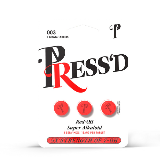 Press’d Red OH 3 Pack with 7-Hydroxy 18mg dietary supplement bottles, featuring red labels and cap closures.