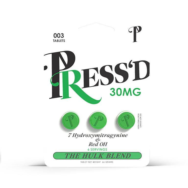 Press’d Hulk Blend 3-pack supplement bottles featuring 7-Hydroxy 30mg dietary capsules with green and black labeling.