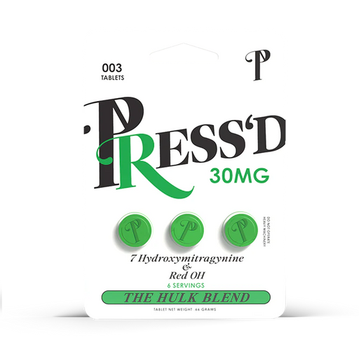 Press’d Hulk Blend 3-pack supplement bottles featuring 7-Hydroxy 30mg dietary capsules with green and black labeling.
