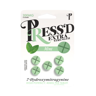 Press’d Extra Strength 5-pack 7-Hydroxy 40mg supplement bottles, dietary health product with label details visible.