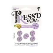 Press’d Extra Strength 5-pack of 7-Hydroxy 40mg dietary supplements, showing bottles with label details.
