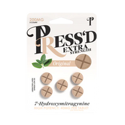Press’d Extra Strength 5-pack of 7-Hydroxy 40mg dietary supplements in blister packs, featuring white capsules and blue labels.