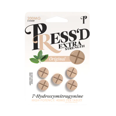 Press’d Extra Strength 5-pack of 7-Hydroxy 40mg dietary supplements in blister packs, featuring white capsules and blue labels.