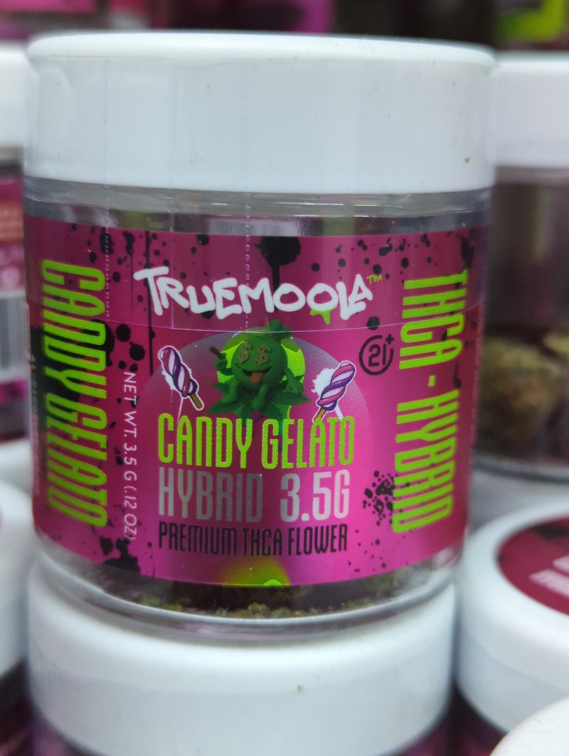 Truemoola Premium Indoor Flower THC-A by The Baggie Store, 3.5g, fresh cannabis buds in a clear jar.