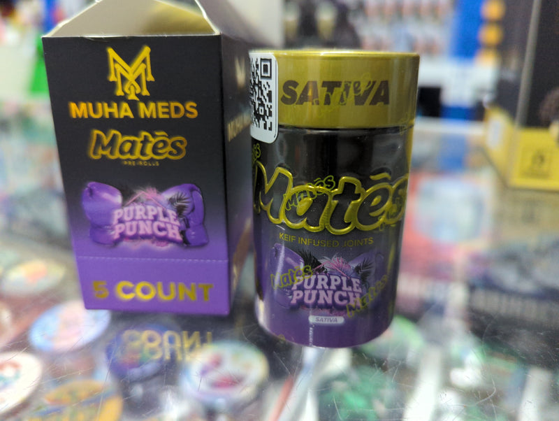 Muha Meds Mates 5 Shorties with Kief, cannabis pre-rolls from The Baggie Store, displayed in a clear container.