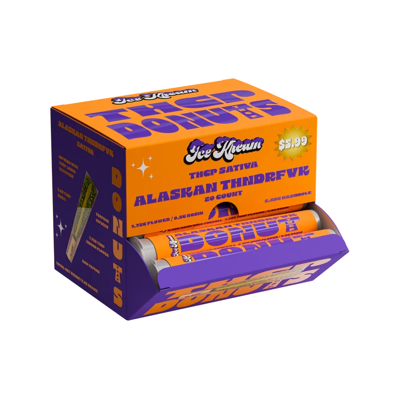 THC-P Alaskan Thunderf*ck Donuts by ICE CREAM, featuring cannabis-infused THC-P edibles with a donut shape and colorful packaging.
